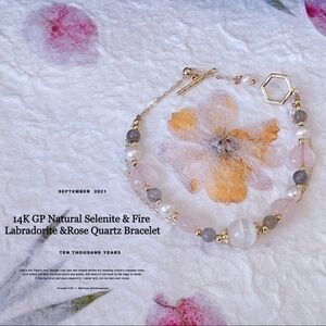 14KGP Natural Fire Labradorite & Rose Quartz Heart& Fresh water pearls Bracelet